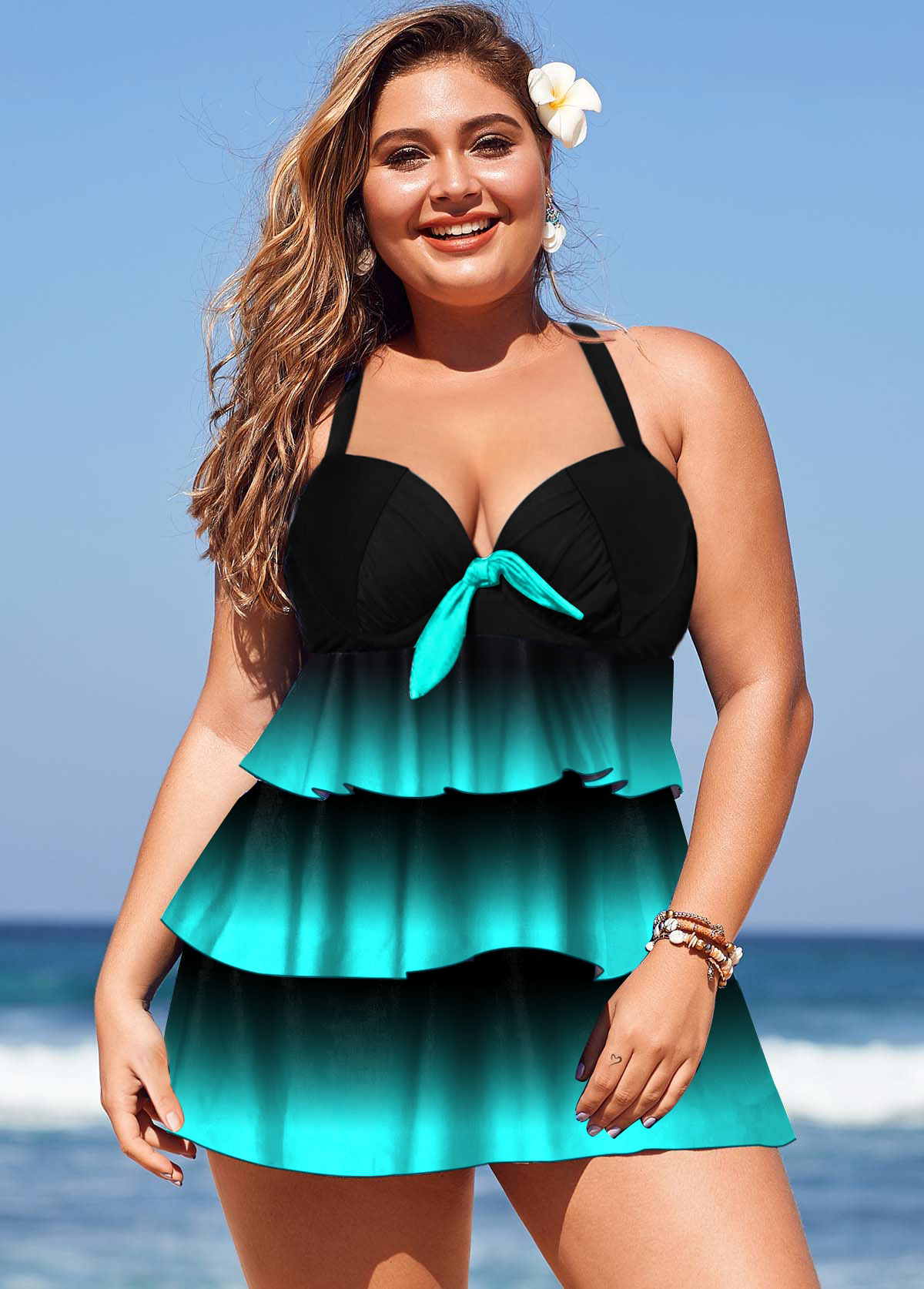 ROTITA Plus Size Layered Hem Gradient Swimdress and Panty