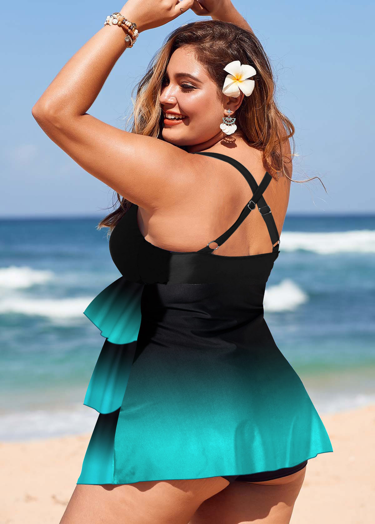 Cyan plus size,Contrast Color plus size,ROTITA Plus Size Layered Hem Gradient Swimdress and Panty