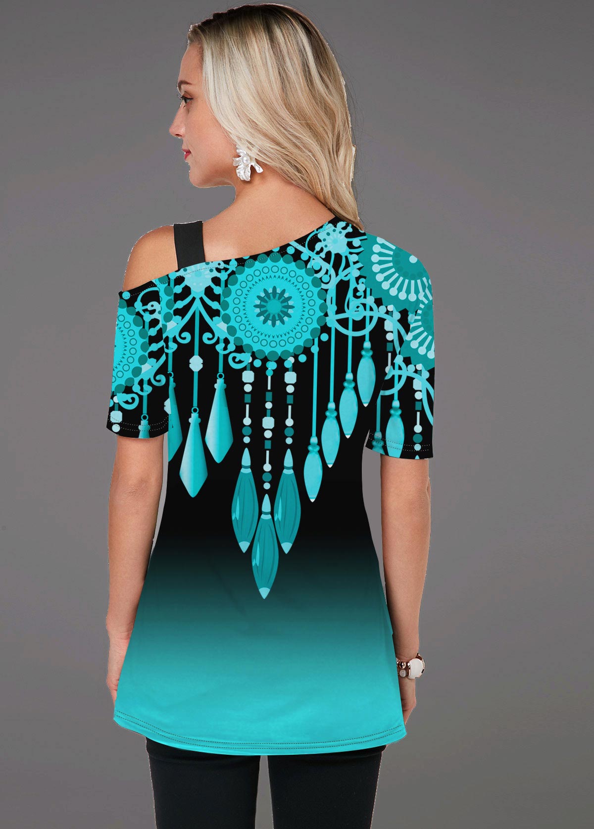 Cyan tops,Floral tops,ROTITA Tribal Print Gradient Short Sleeve T Shirt