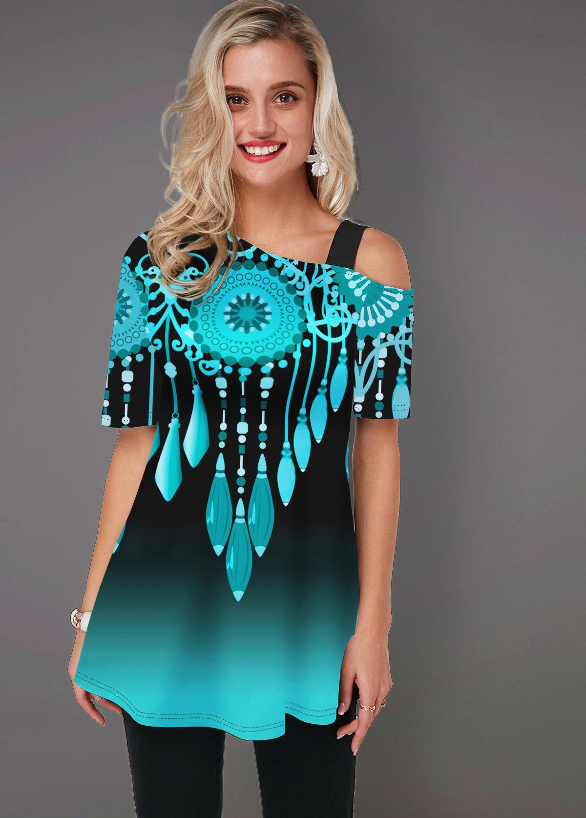 Cyan tops,Floral tops,ROTITA Tribal Print Gradient Short Sleeve T Shirt