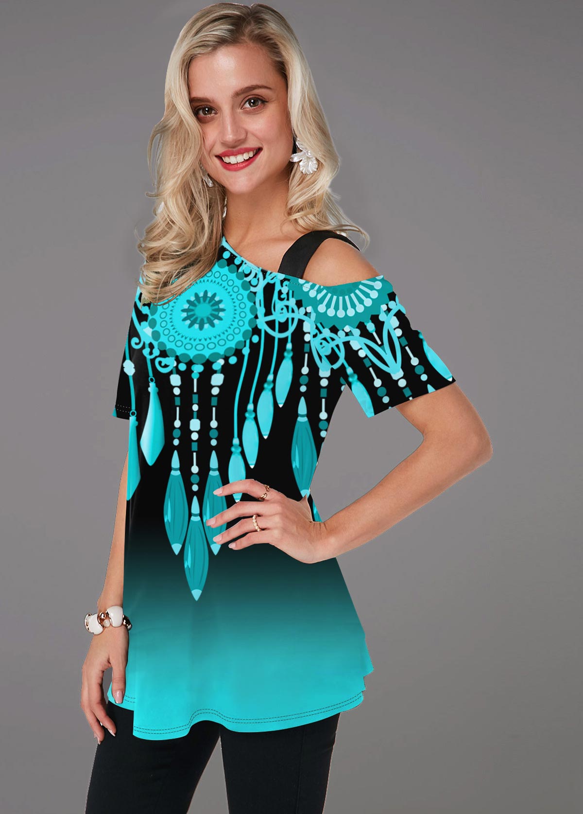 Cyan tops,Floral tops,ROTITA Tribal Print Gradient Short Sleeve T Shirt