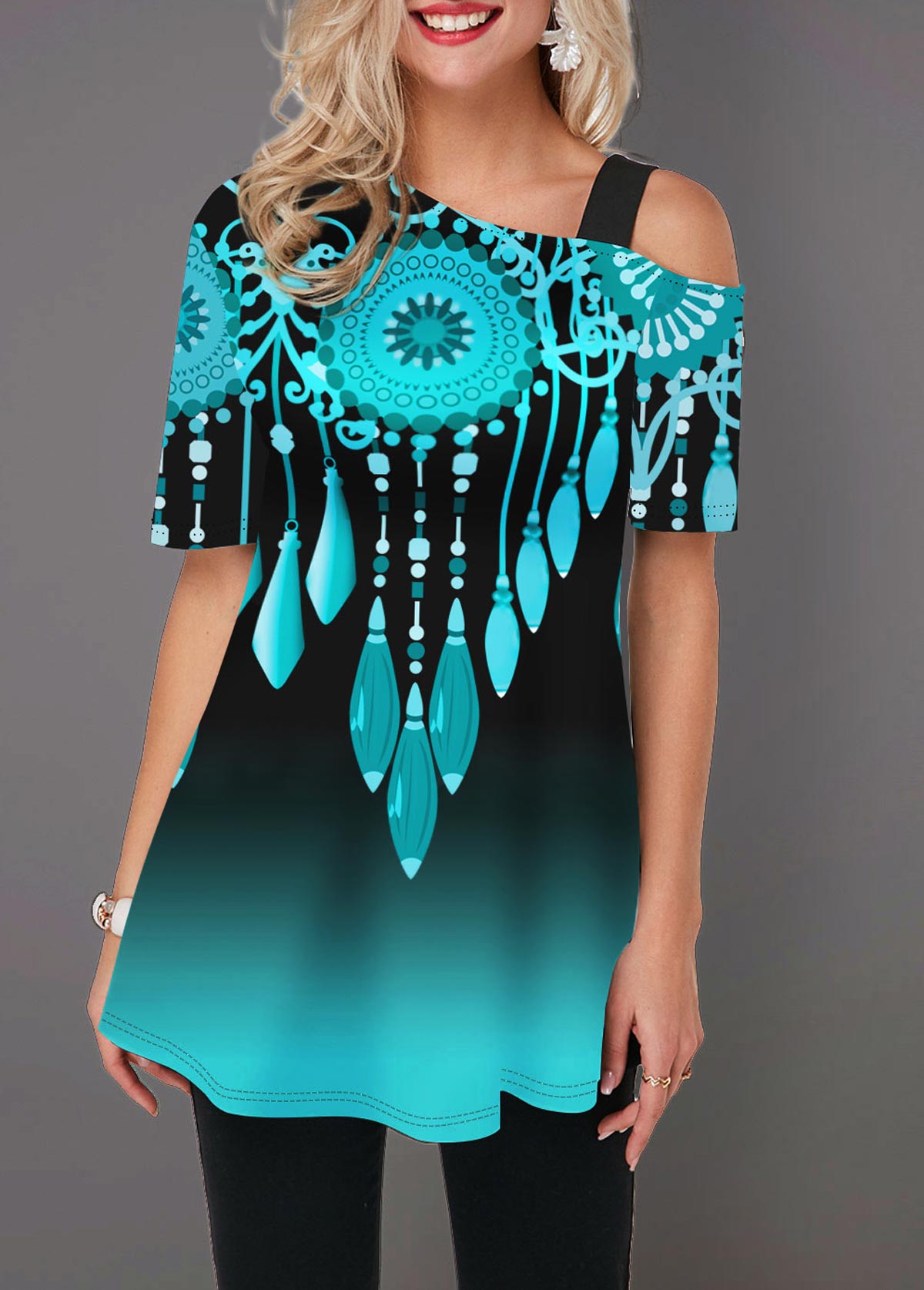 Cyan tops,Floral tops,ROTITA Tribal Print Gradient Short Sleeve T Shirt