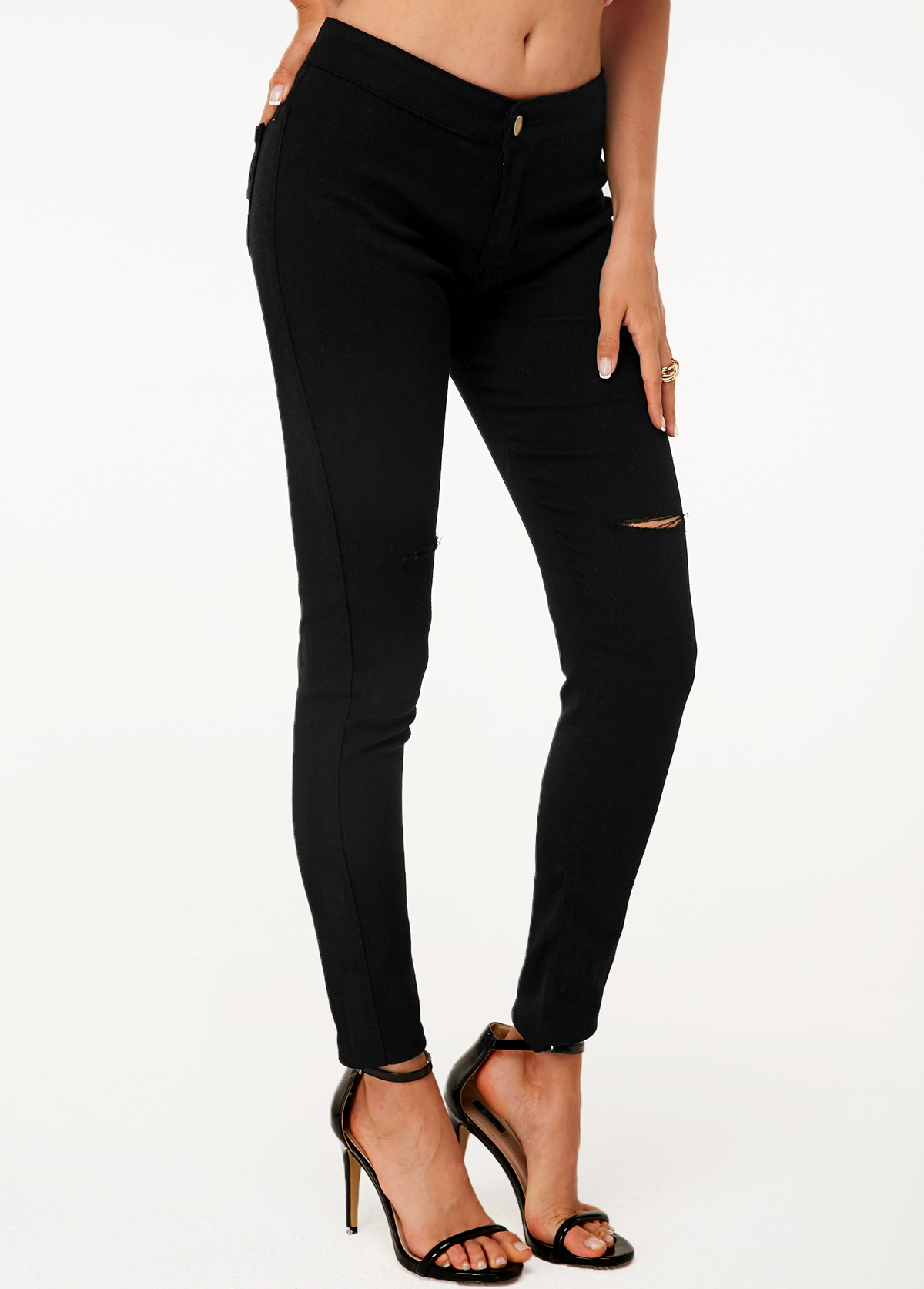 Black bottoms,Plain Color bottoms,ROTITA Black Shredded High Waist Skinny Jeans