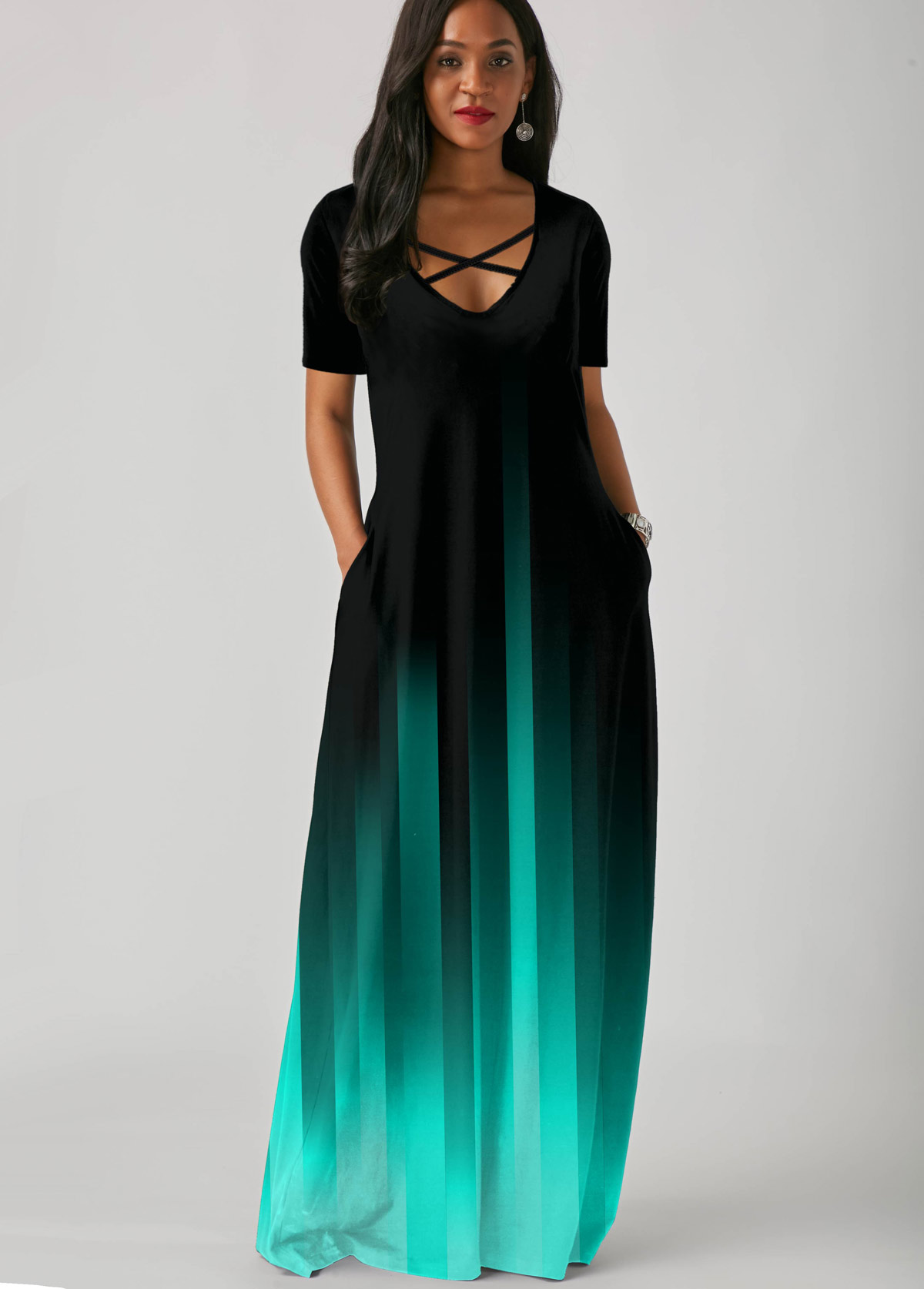 Mint Green dresses,Ombre dresses,ROTITA Side Pocket Mint Green Gradient Short Sleeve Maxi Dress