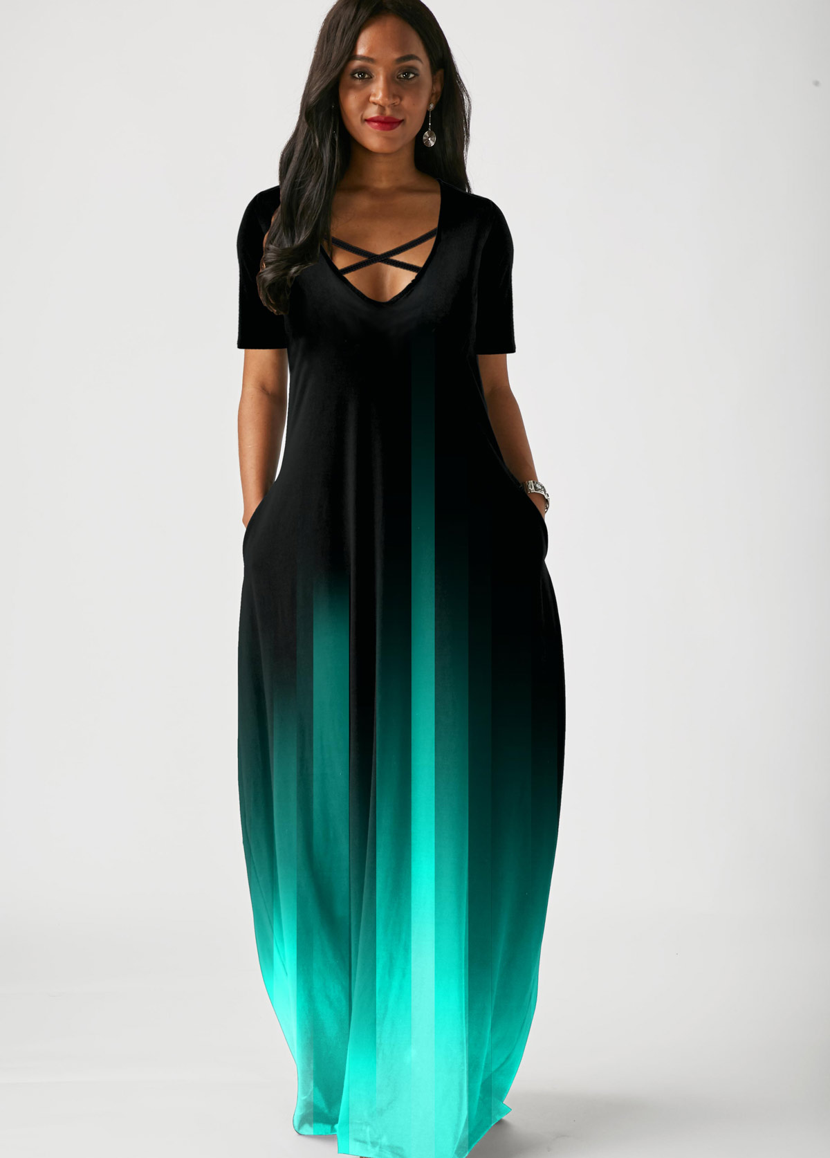 Mint Green dresses,Ombre dresses,ROTITA Side Pocket Mint Green Gradient Short Sleeve Maxi Dress