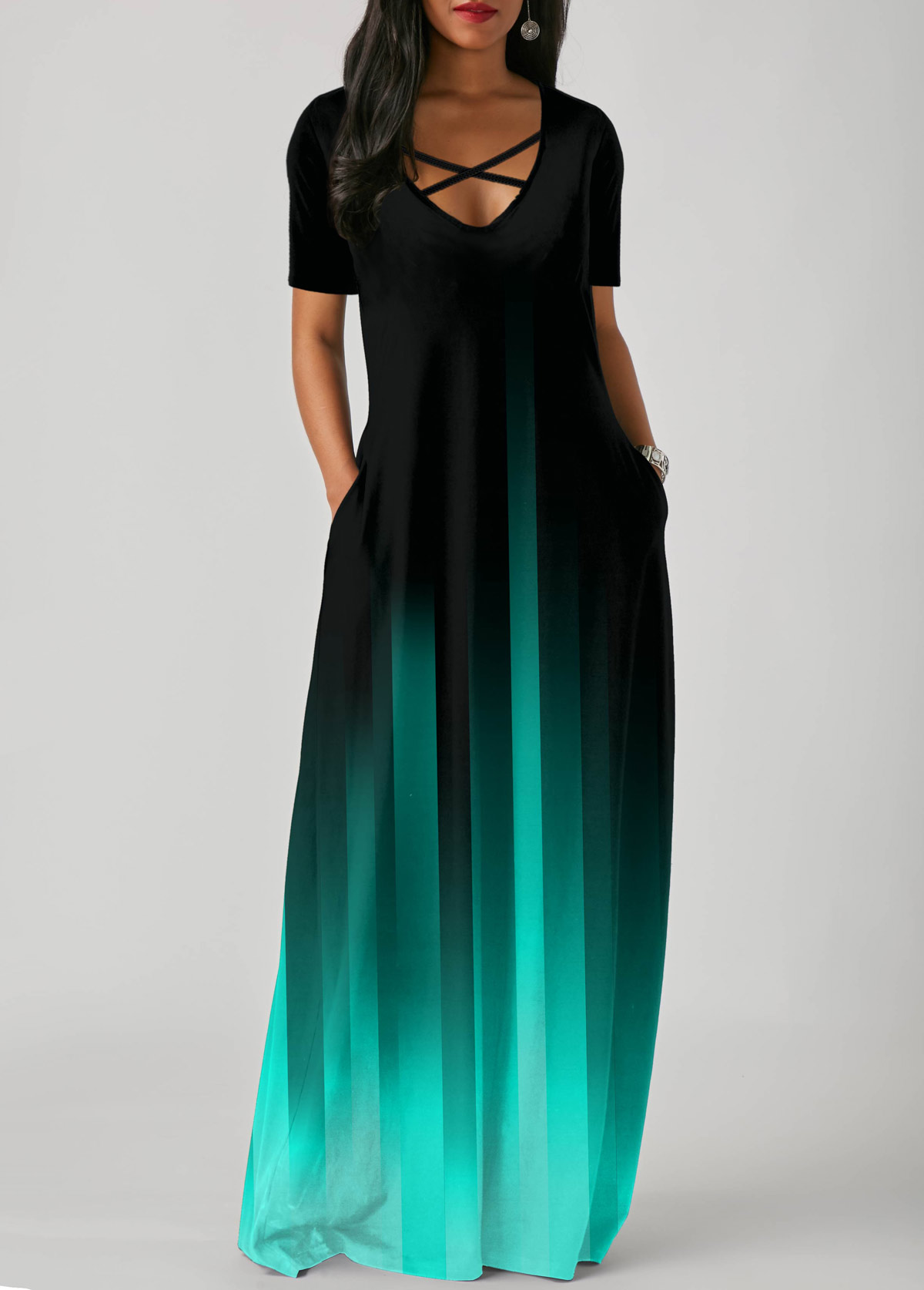 Mint Green dresses,Ombre dresses,ROTITA Side Pocket Mint Green Gradient Short Sleeve Maxi Dress