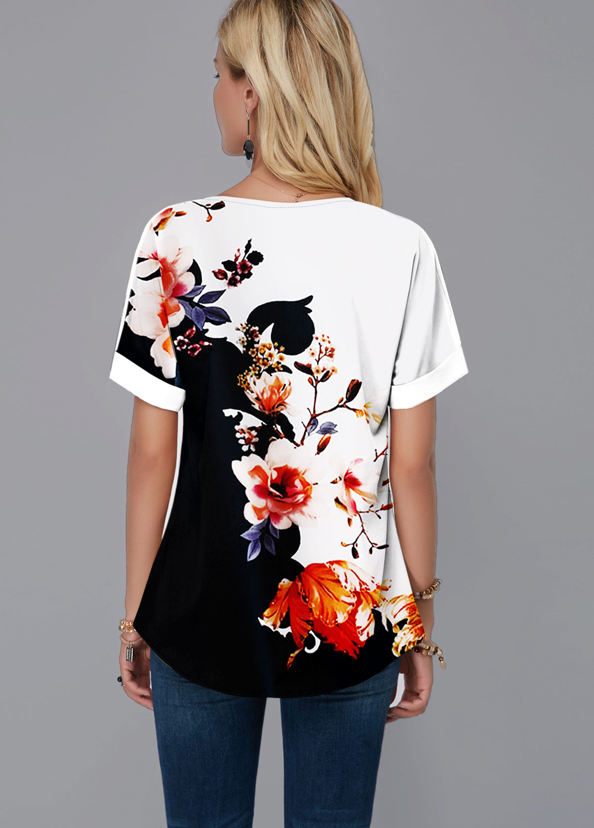 Multi Color tops,Floral tops,ROTITA Split Neck Floral Print Short Sleeve Blouse