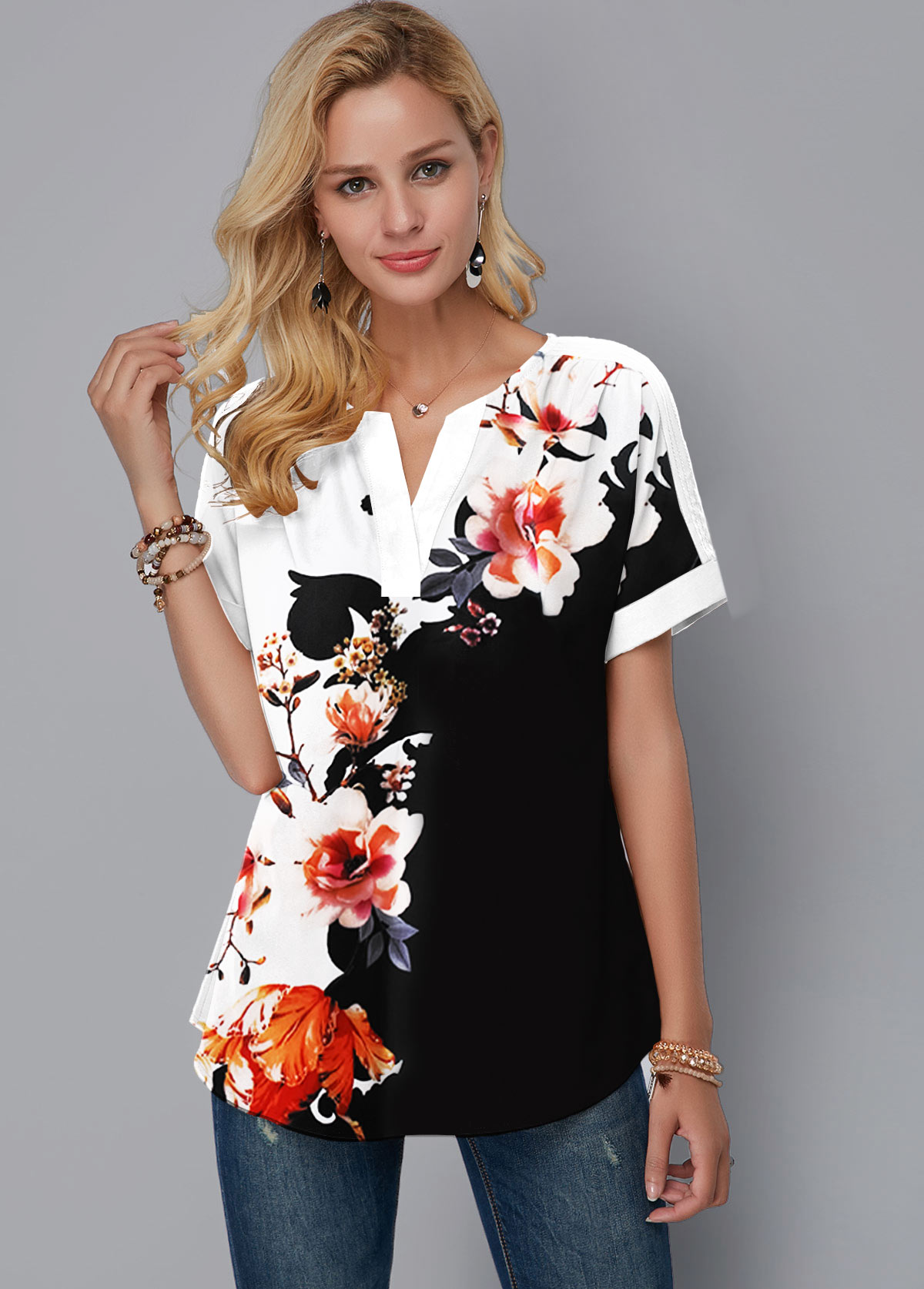Multi Color tops,Floral tops,ROTITA Split Neck Floral Print Short Sleeve Blouse