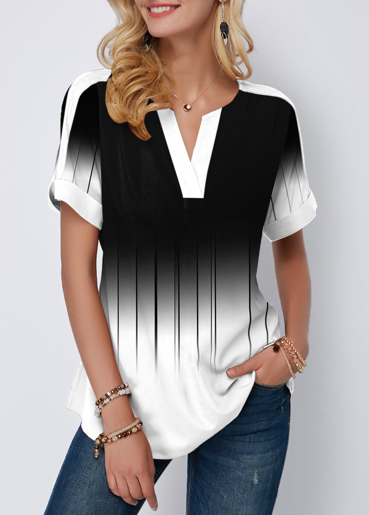 ROTITA Short Sleeve Color Block Printed Blouse | Rotita.com - USD $25.98