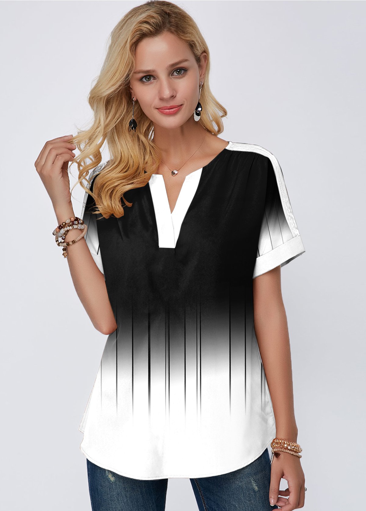 Black tops,Floral tops,ROTITA Short Sleeve Color Block Printed Blouse