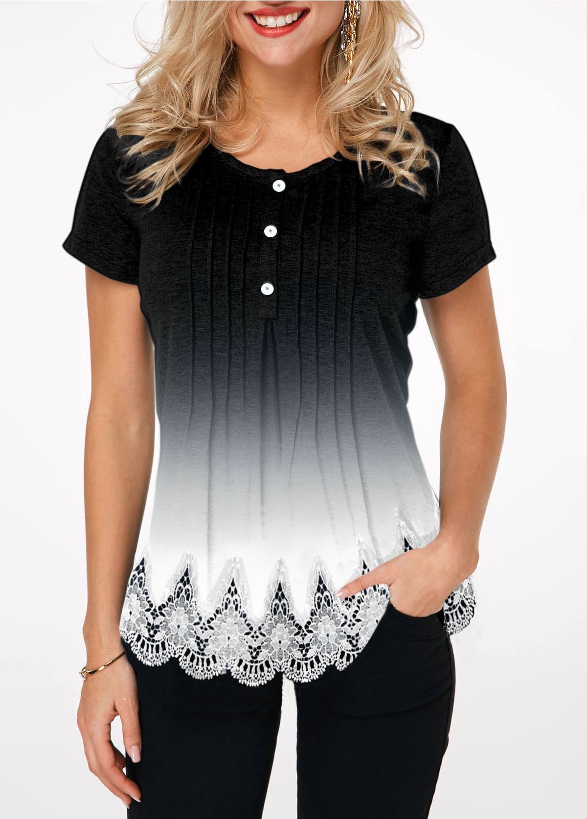 ROTITA Gradient Button Detail Lace Hem T Shirt