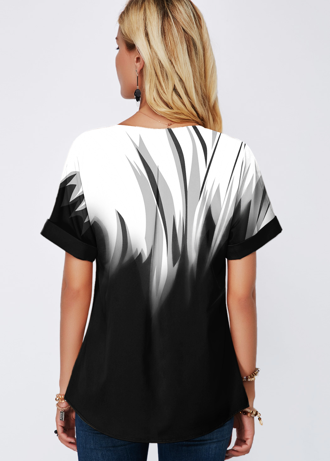 Black tops,Floral tops,ROTITA Split Neck Gradient Short Sleeve Blouse