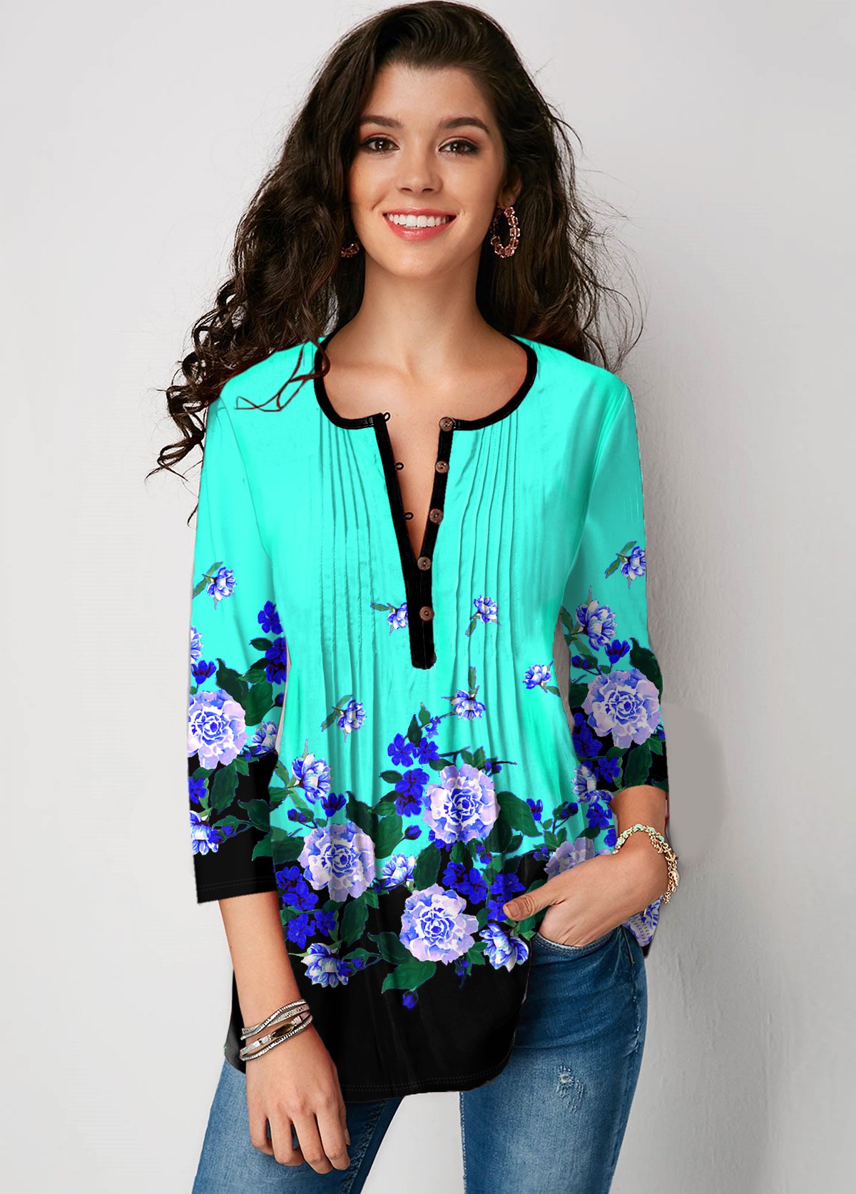 ROTITA Floral Print Mint Green Crinkle Chest Blouse