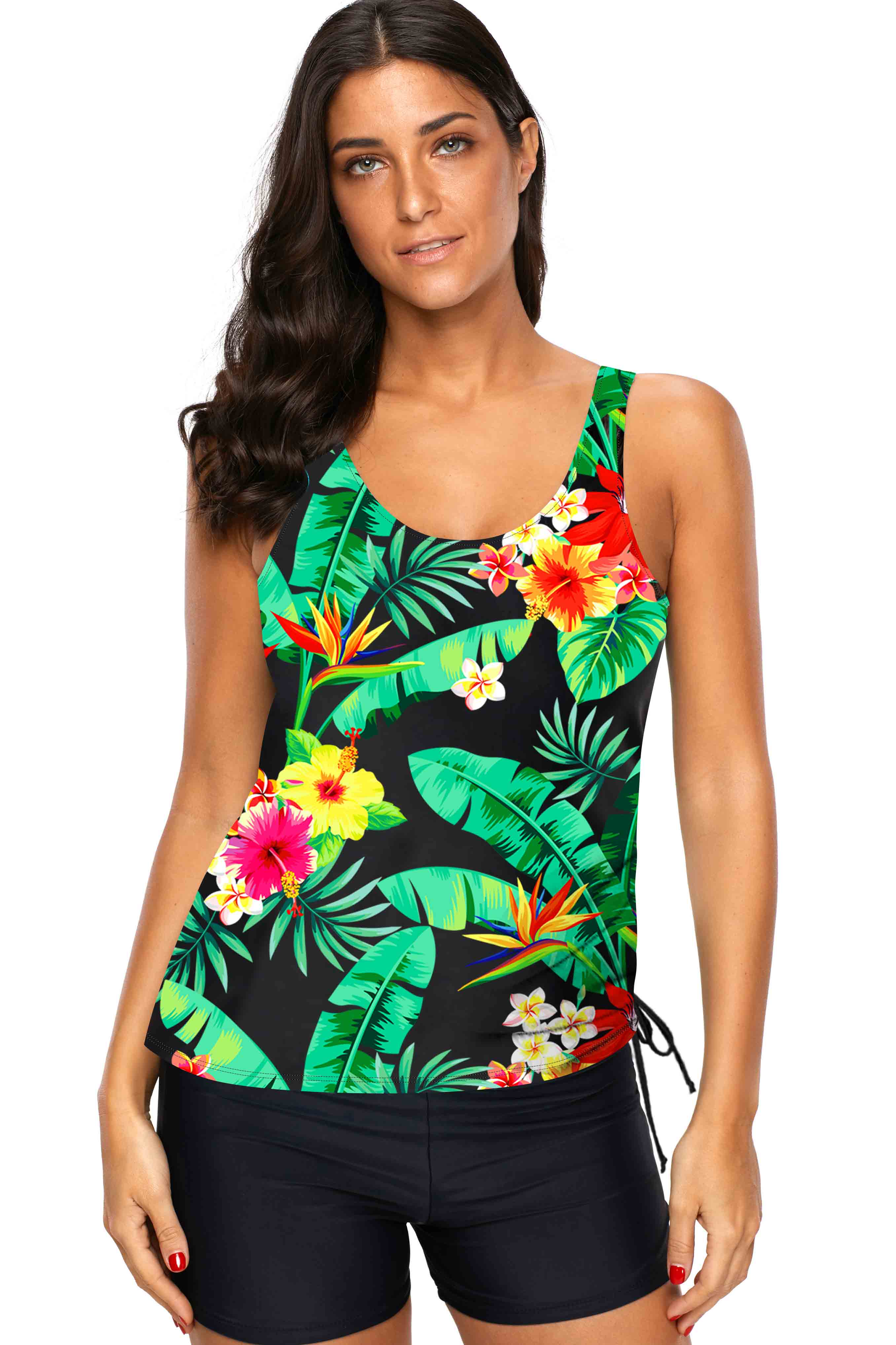 ROTITA Drawstring Side Tropical Print Wide Strap Tankini Set Rotita