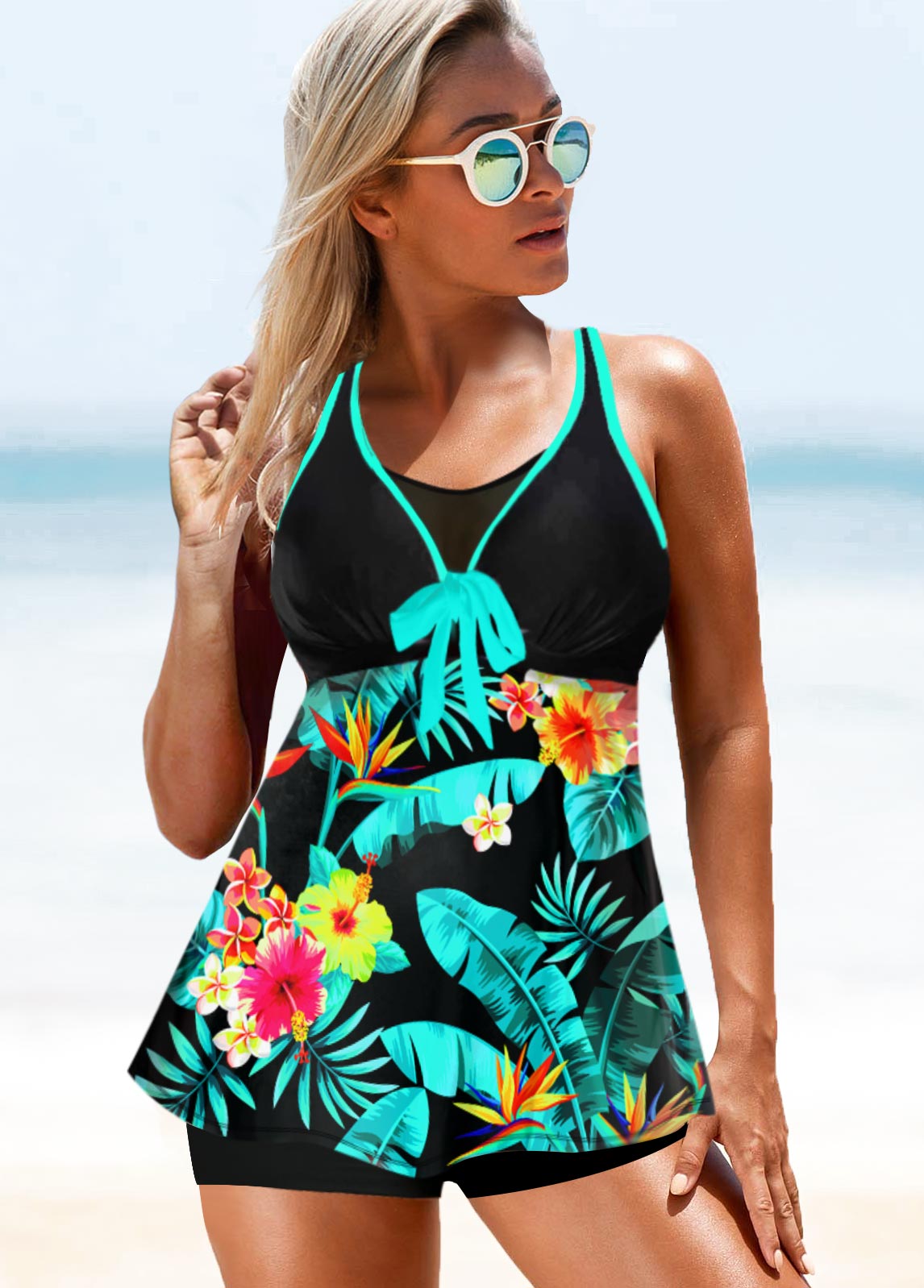 Green swimwear,Plants swimwear,ROTITA Tropical Print Bowknot Double Strap Tankini Top