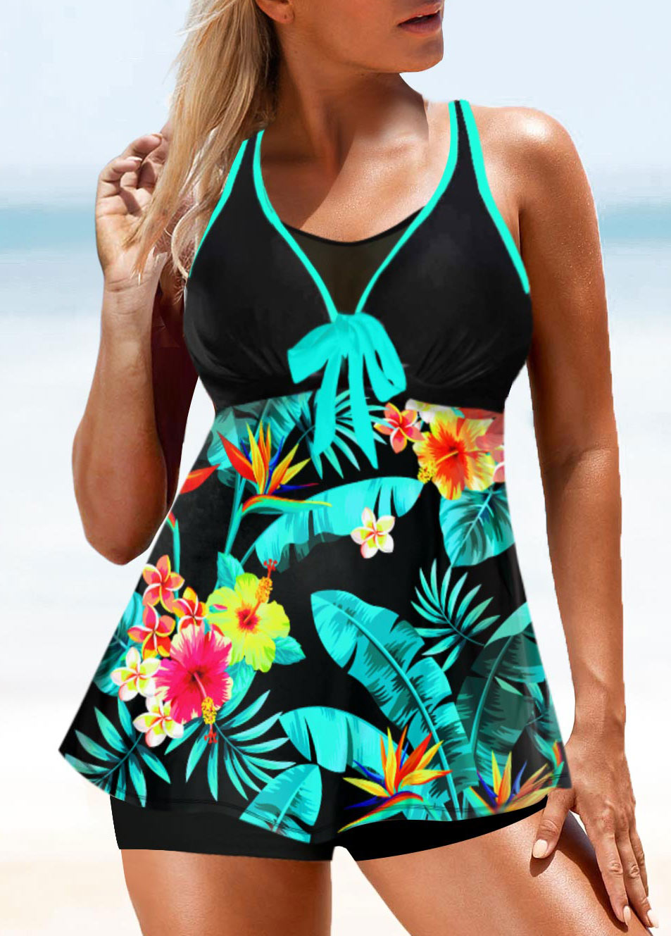 Green swimwear,Plants swimwear,ROTITA Tropical Print Bowknot Double Strap Tankini Top
