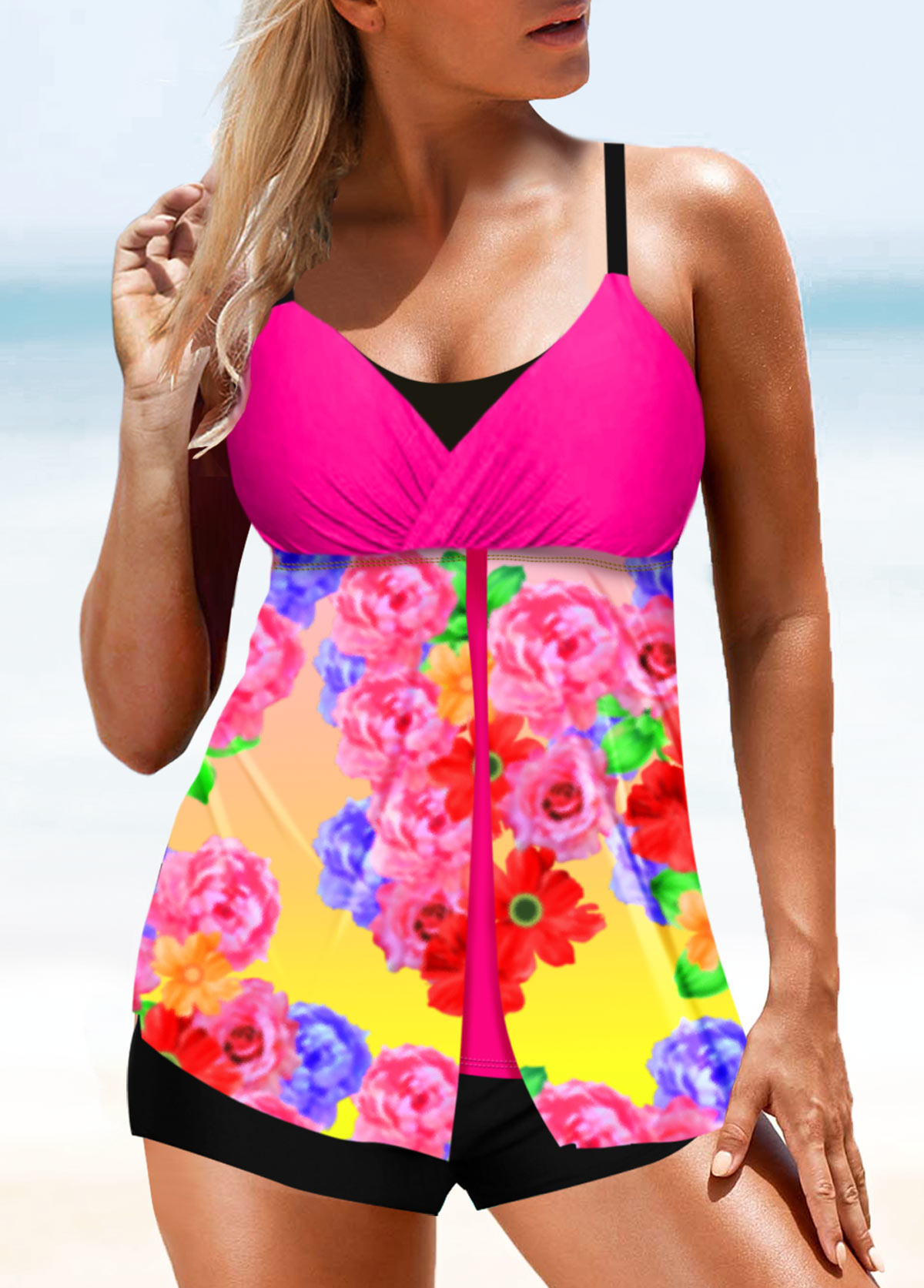 Hot Pink swimwear,Floral swimwear,ROTITA Plus Size Floral Print Wide Strap Takini Set