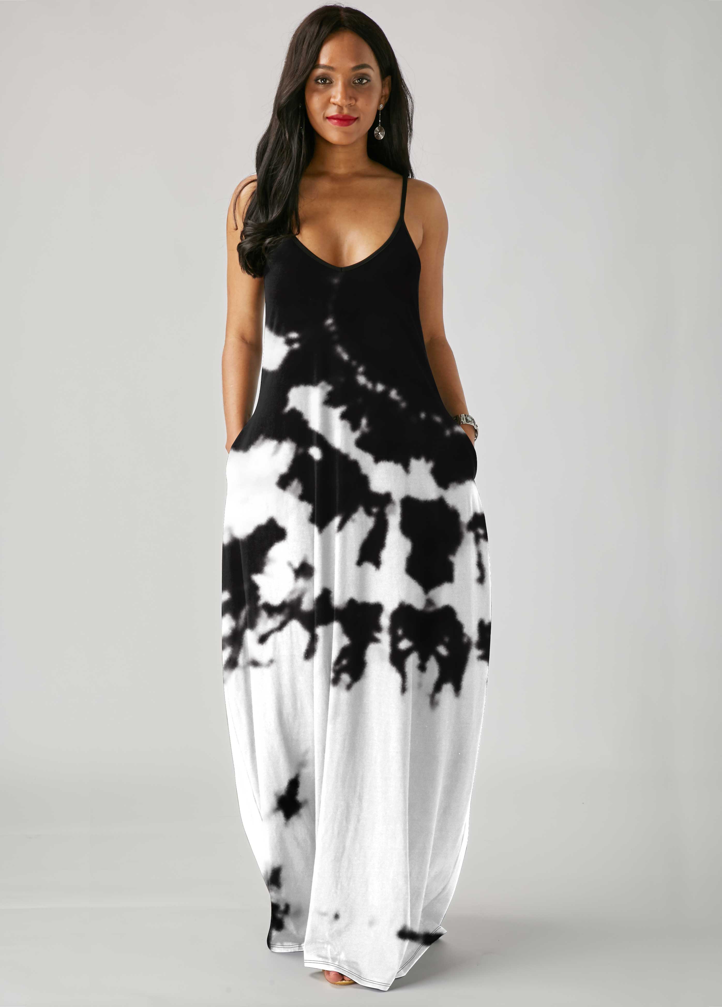 Multi Color dresses,Floral dresses,ROTITA Spaghetti Strap Tie Dye Side Pocket Maxi Dress