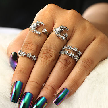 Silvery White jewelry,Silver Metal Bohemian Geometric Shape Ring Set
