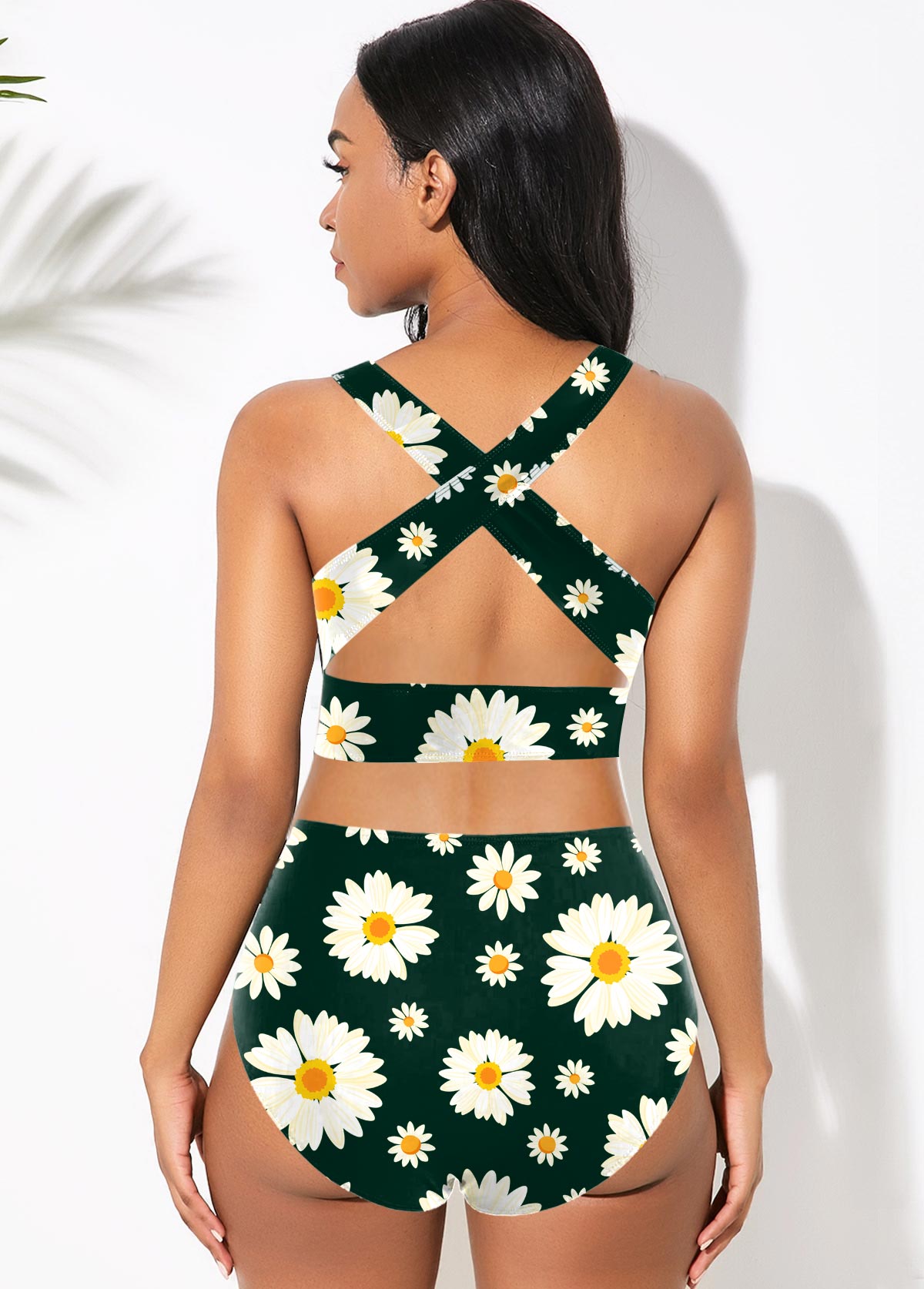 Blackish Green swimwear,Floral swimwear,ROTITA Daisy Print High Waisted Bowknot Bikini Set