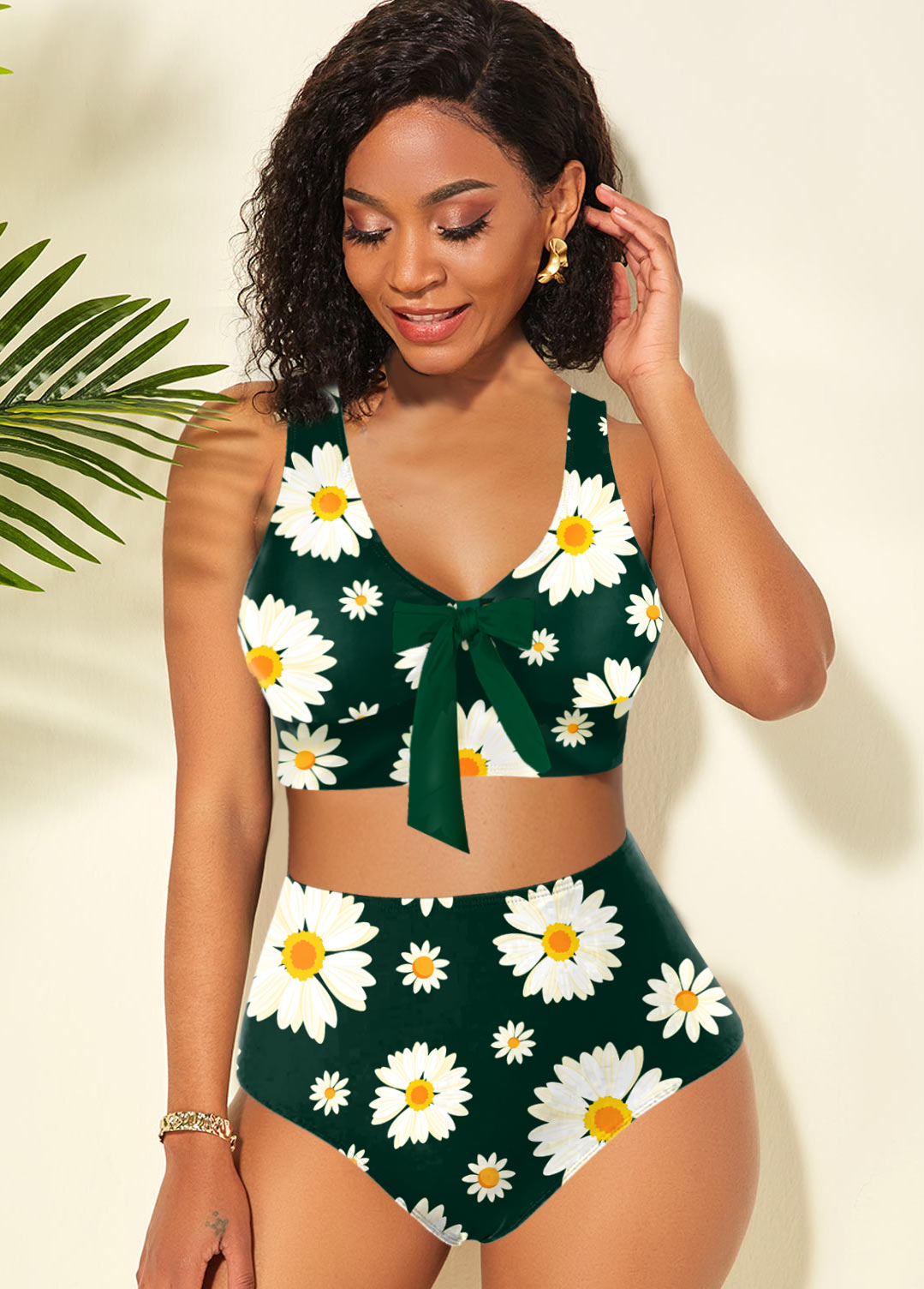 Blackish Green swimwear,Floral swimwear,ROTITA Daisy Print High Waisted Bowknot Bikini Set