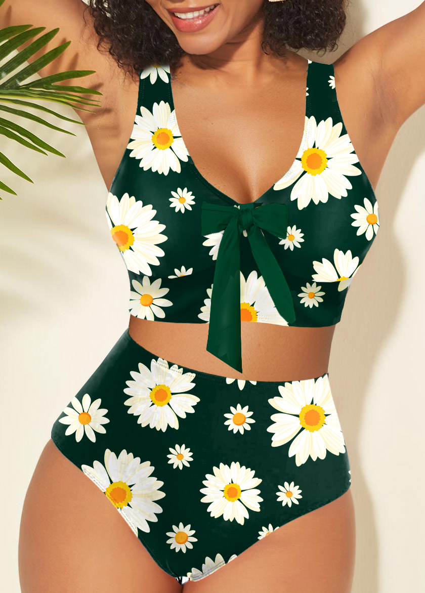 Blackish Green swimwear,Floral swimwear,ROTITA Daisy Print High Waisted Bowknot Bikini Set