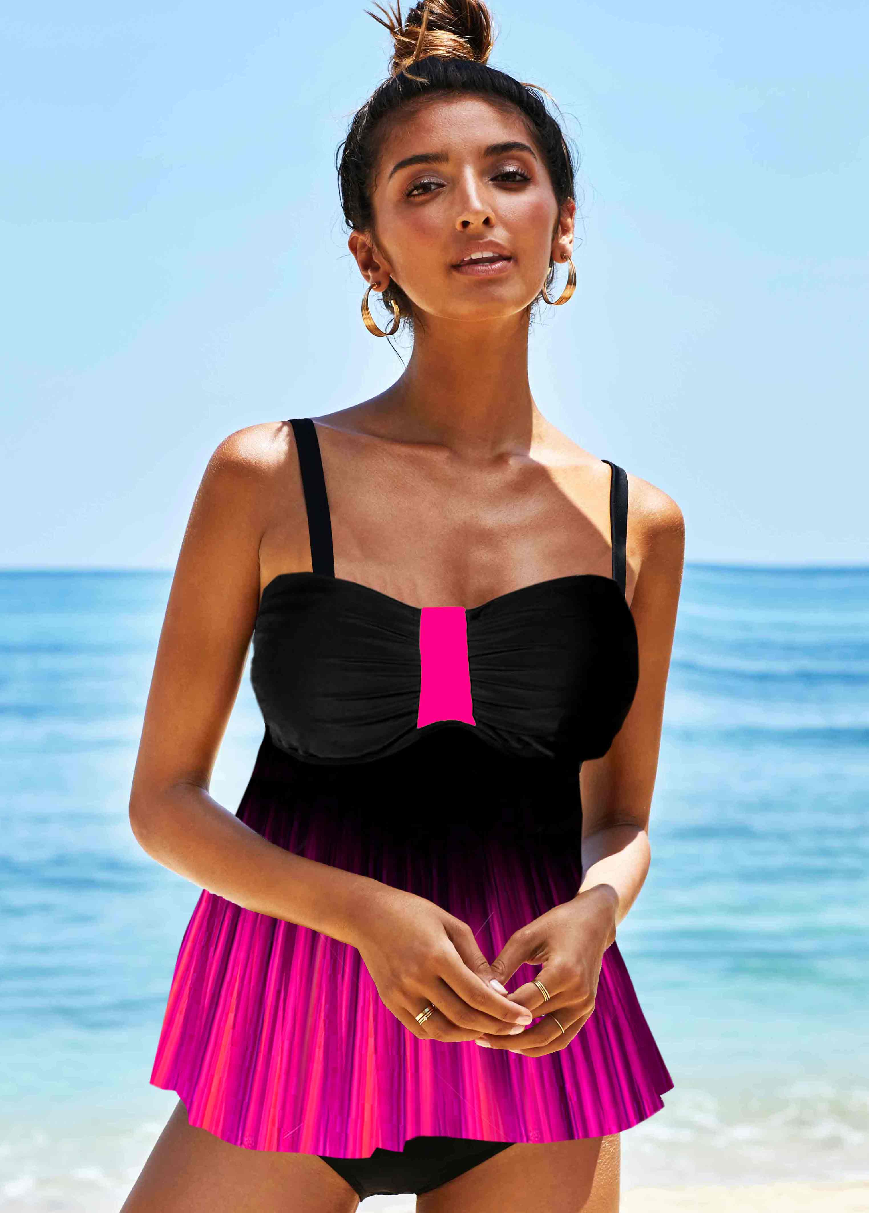 Hot Pink swimwear,Floral swimwear,ROTITA Gradient Printed Spaghetti Strap Swimdress and Panty