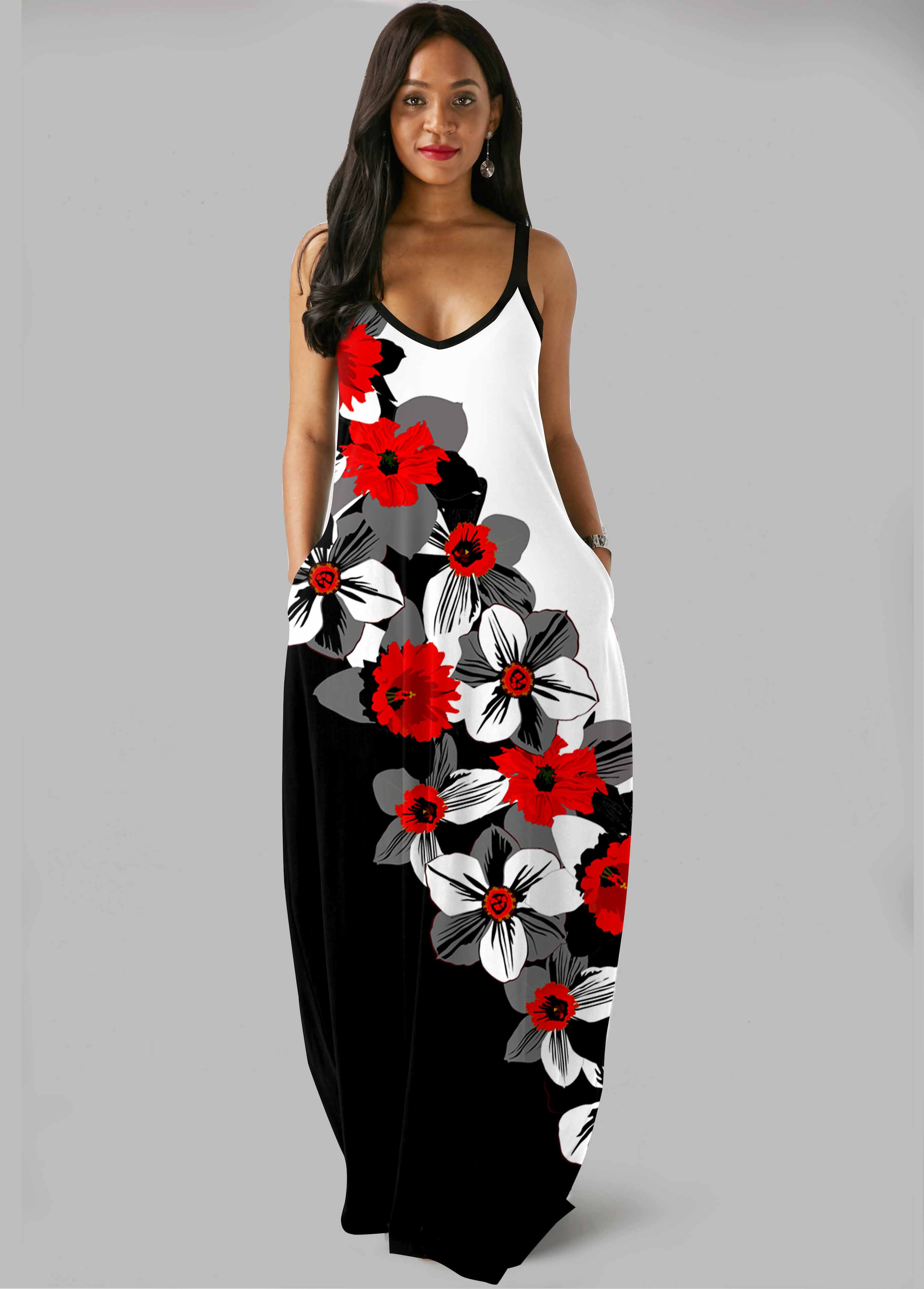 ROTITA Color Block Side Pocket Floral Print Maxi Dress