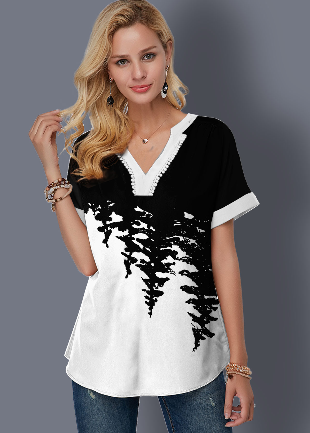 Multi Color tops,Floral tops,ROTITA Printed Color Block Split Neck Blouse