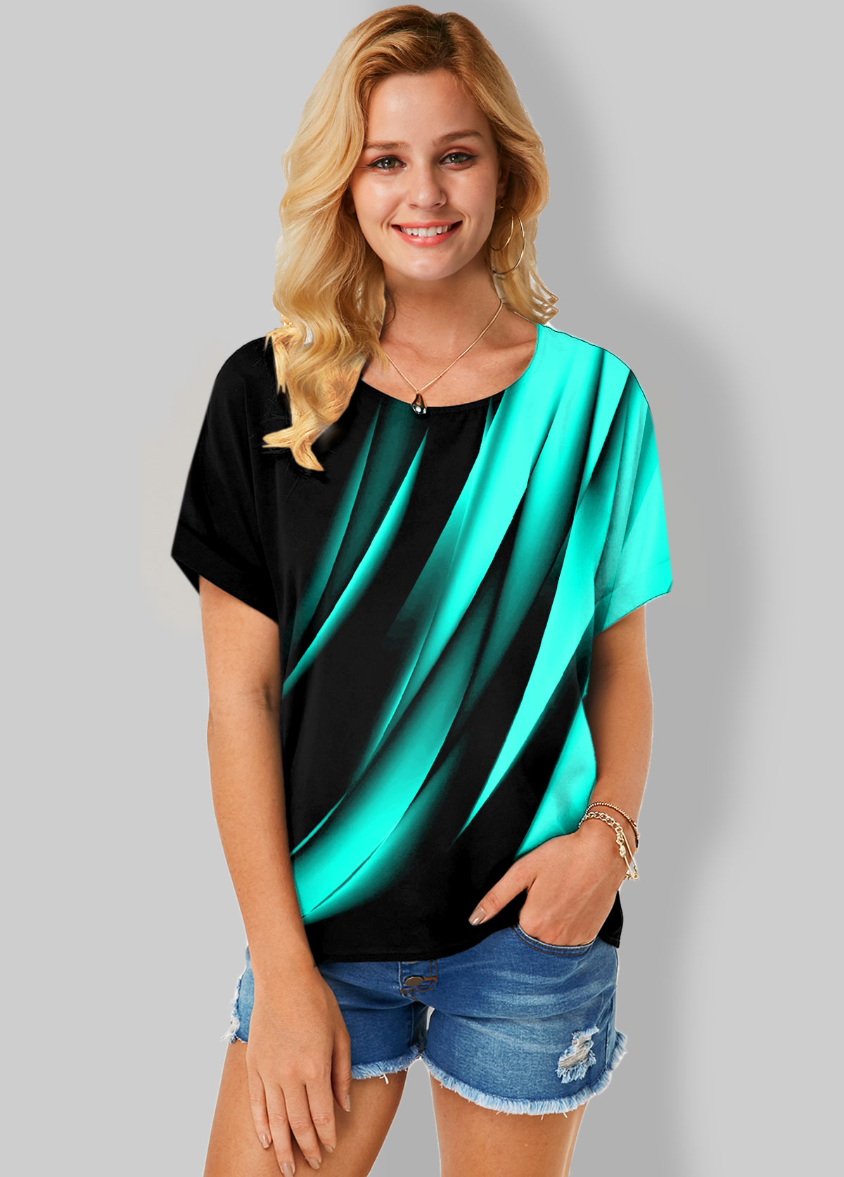 Mint Green tops,Floral tops,ROTITA Printed Short Sleeve Round Neck T Shirt