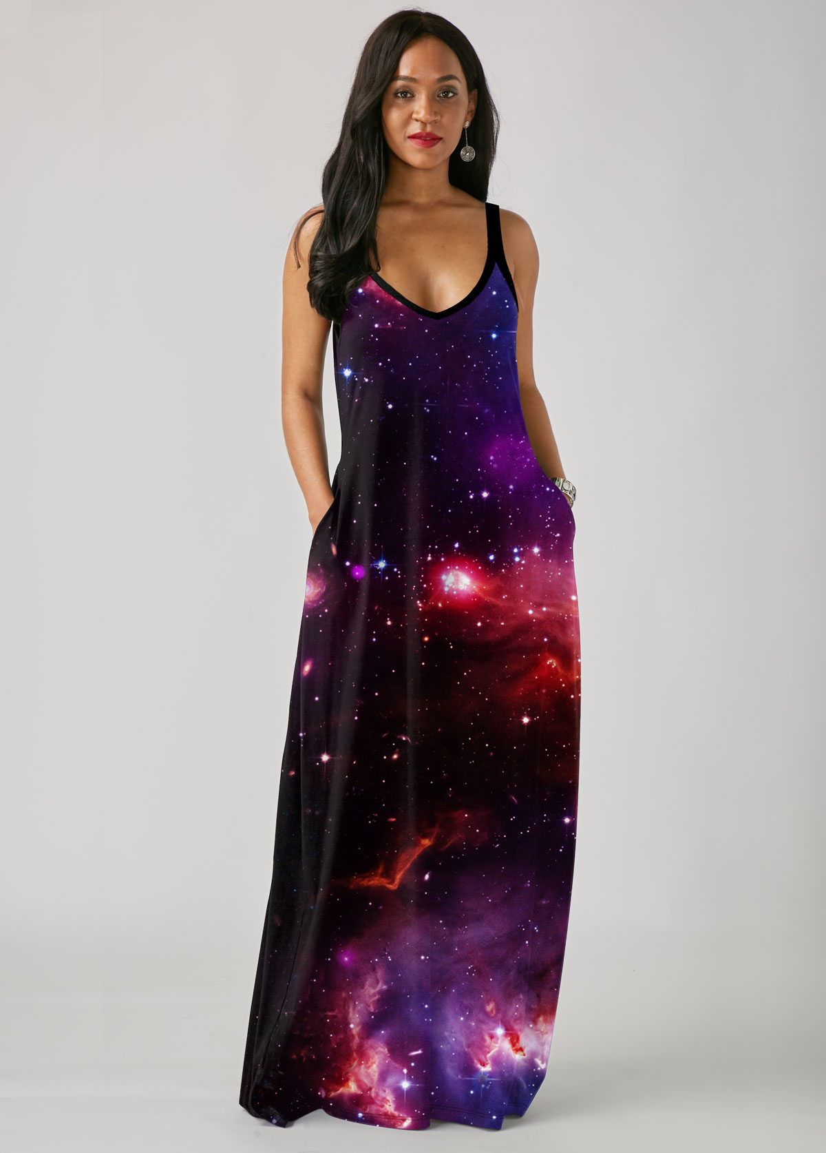 Black dresses,Galaxy dresses,ROTITA Starry Night Print Side Pocket Spaghetti Strap Maxi Dress