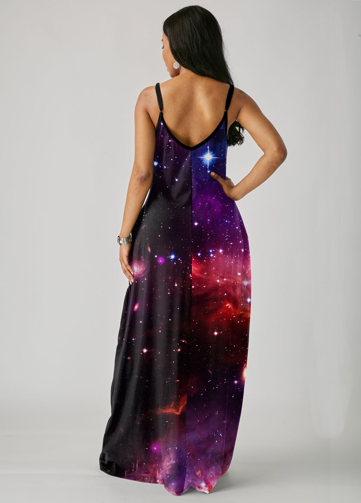 Black dresses,Galaxy dresses,ROTITA Starry Night Print Side Pocket Spaghetti Strap Maxi Dress