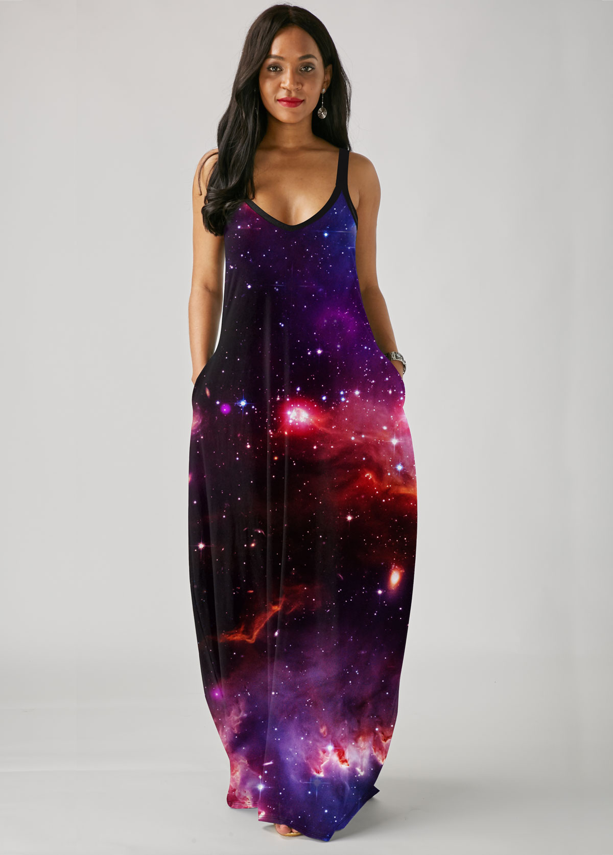Black dresses,Galaxy dresses,ROTITA Starry Night Print Side Pocket Spaghetti Strap Maxi Dress