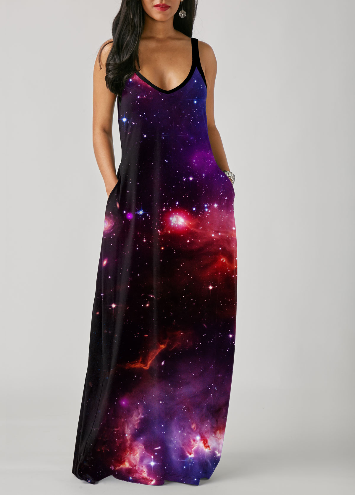 Black dresses,Galaxy dresses,ROTITA Starry Night Print Side Pocket Spaghetti Strap Maxi Dress