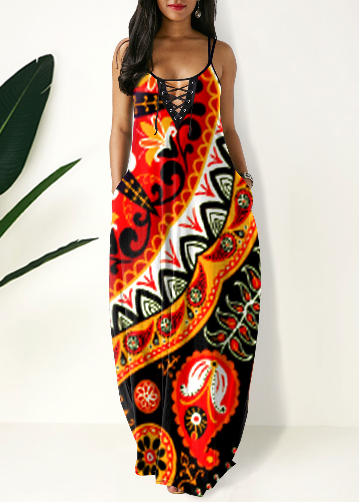 Red dresses,Floral dresses,ROTITA Spaghetti Strap Tribal Print Side Pocket Maxi Dress