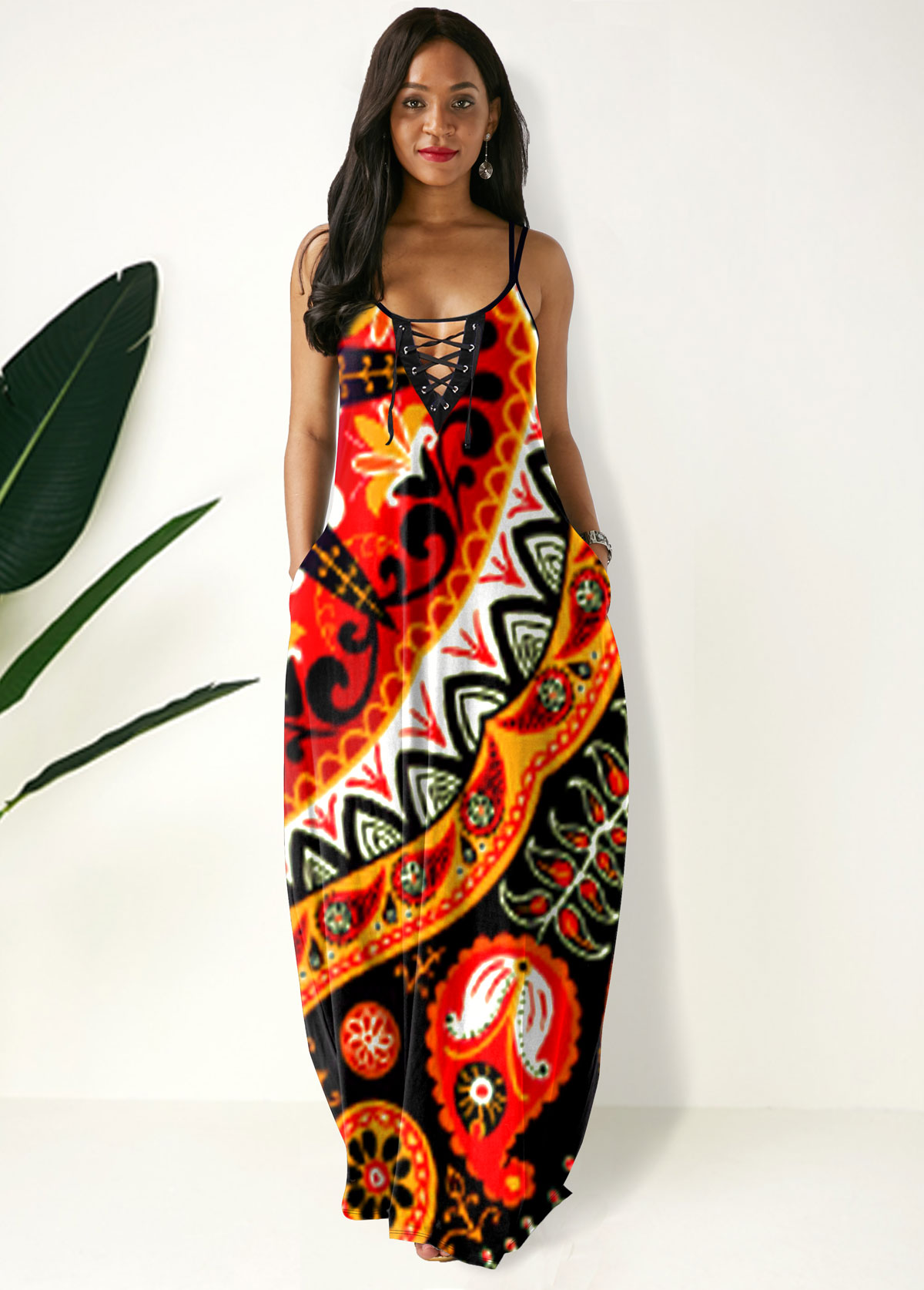 Red dresses,Floral dresses,ROTITA Spaghetti Strap Tribal Print Side Pocket Maxi Dress