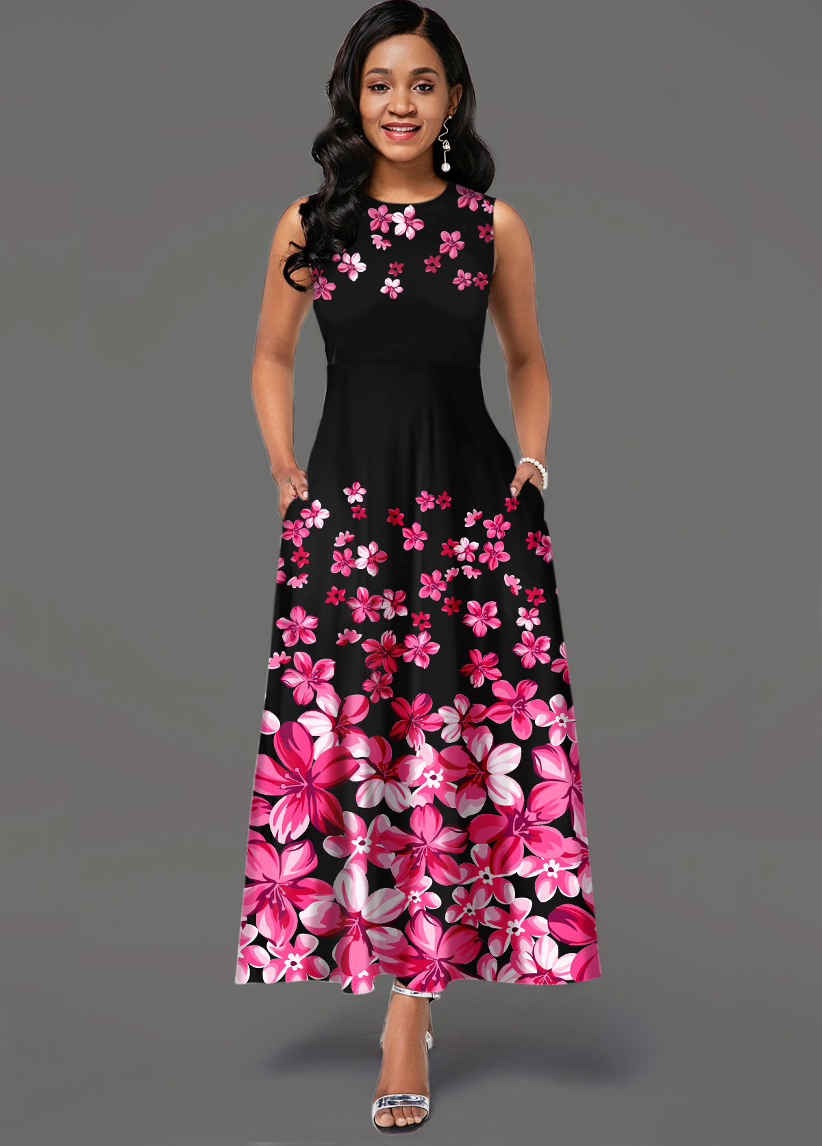 Hot Pink dresses,Floral dresses,ROTITA Floral Print Sleeveless Side Pocket Maxi Dress