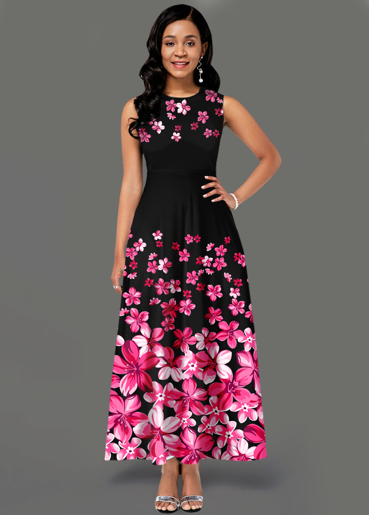 Hot Pink dresses,Floral dresses,ROTITA Floral Print Sleeveless Side Pocket Maxi Dress