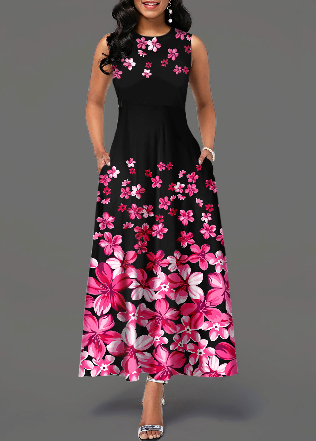 Hot Pink dresses,Floral dresses,ROTITA Floral Print Sleeveless Side Pocket Maxi Dress