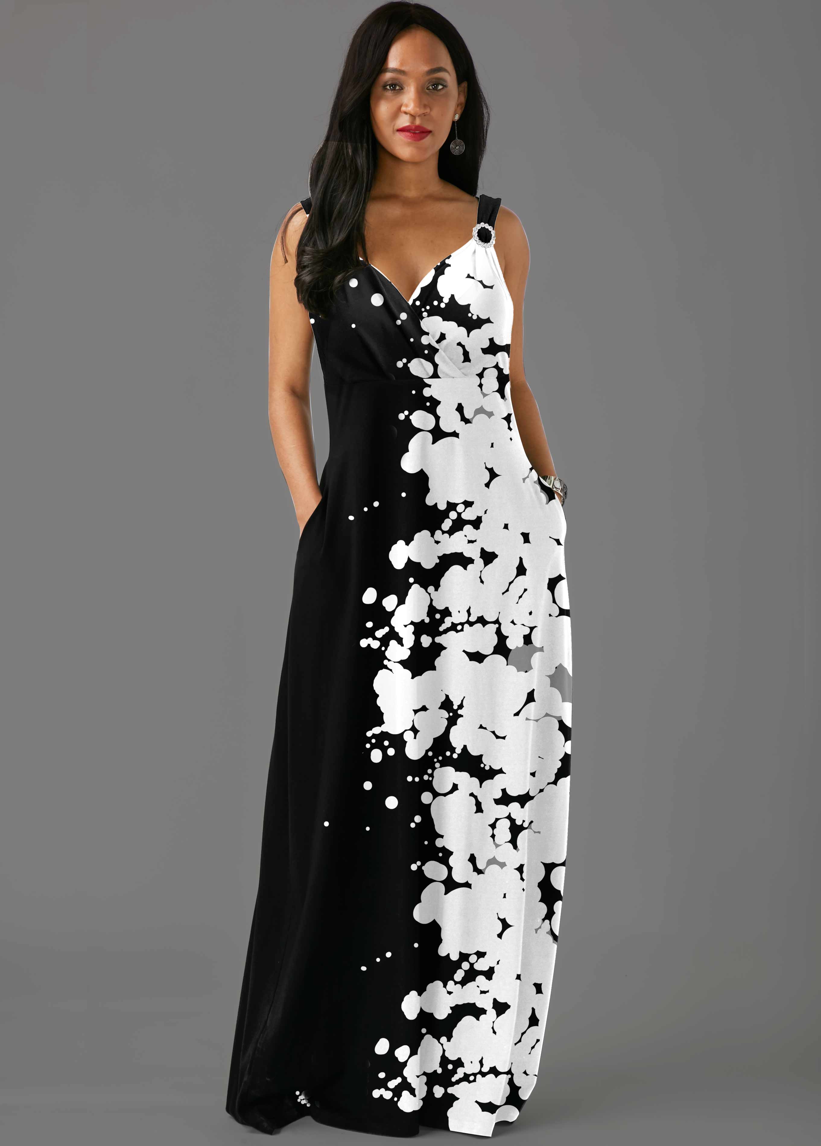 Multi Color dresses,Floral dresses,ROTITA Spaghetti Strap Printed Side Pocket Maxi Dress