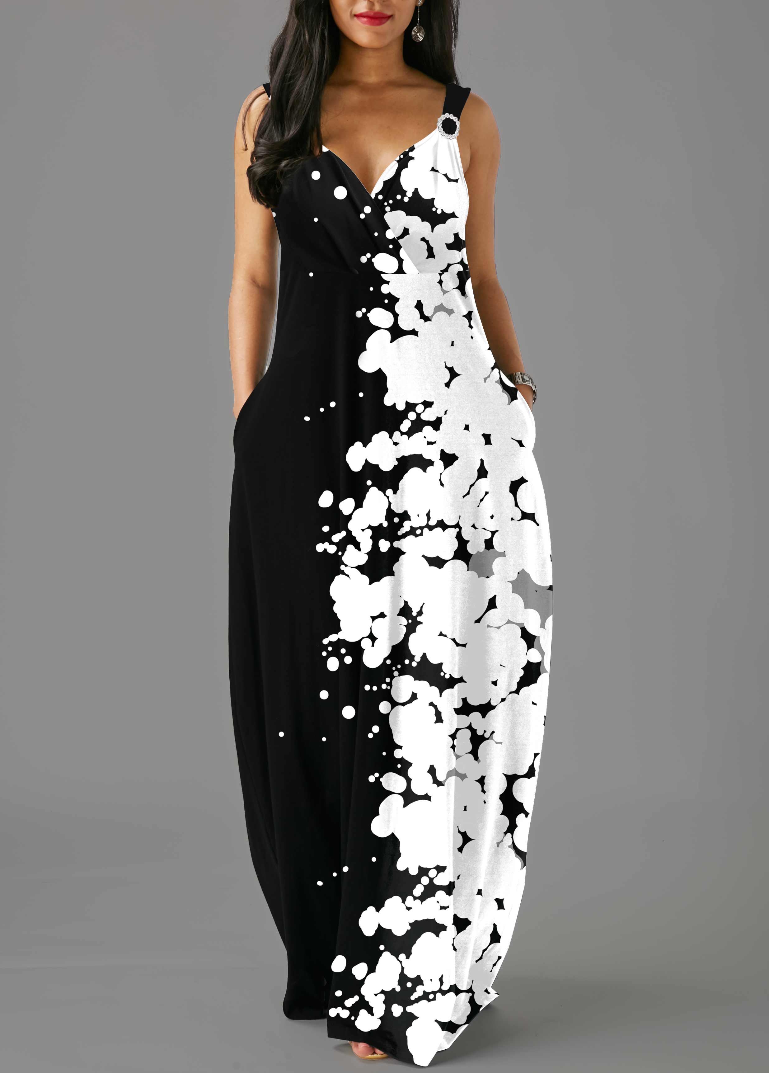 Multi Color dresses,Floral dresses,ROTITA Spaghetti Strap Printed Side Pocket Maxi Dress