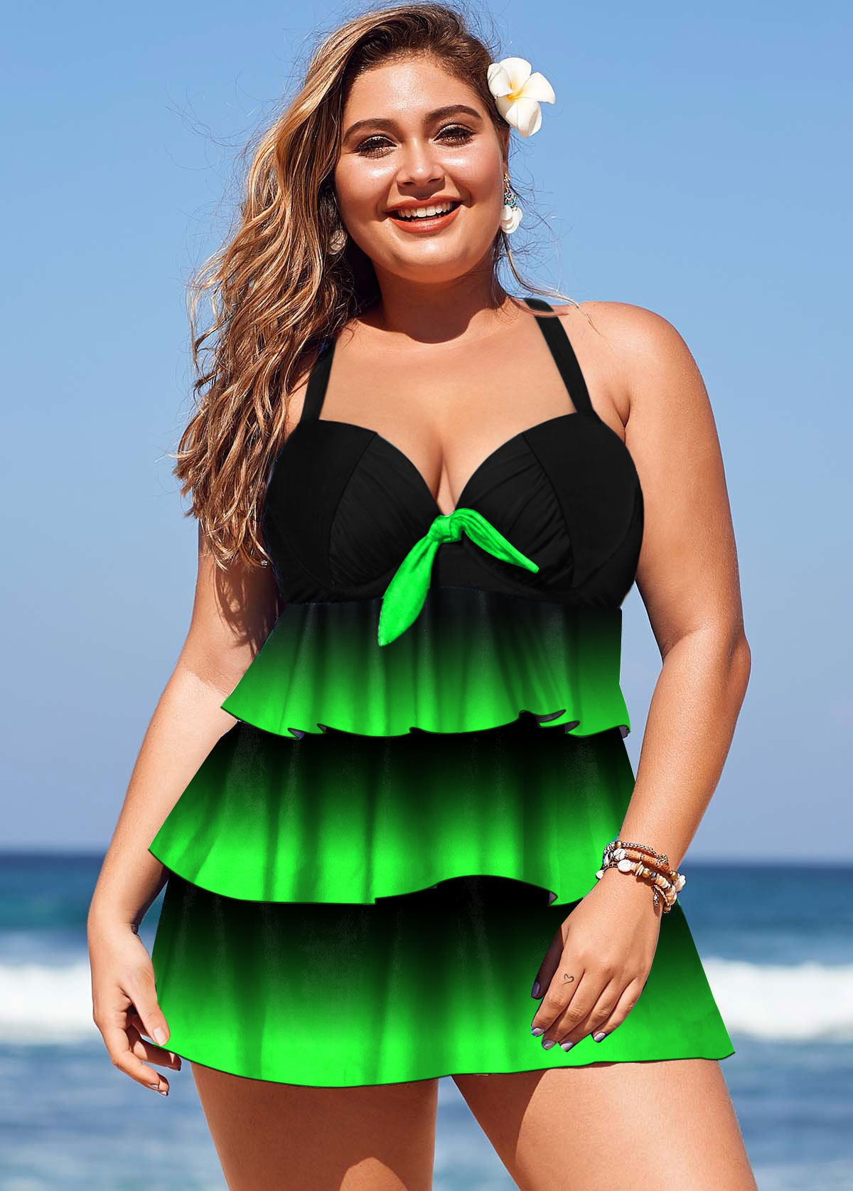 ROTITA Plus Size Layered Hem Gradient Swimdress and Panty