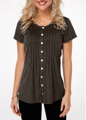 Black tops,Plain Color tops,ROTITA Pleated Button Up Short Sleeve T Shirt