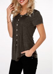 Black tops,Plain Color tops,ROTITA Pleated Button Up Short Sleeve T Shirt