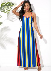 Blue dresses,Striped dresses,ROTITA Multi Stripe Side Pocket Spaghetti Strap Maxi Dress