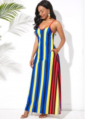 Blue dresses,Striped dresses,ROTITA Multi Stripe Side Pocket Spaghetti Strap Maxi Dress