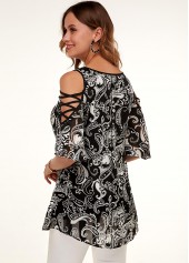 Black tops,Floral tops,ROTITA A Line Cold Shoulder Printed Flare Sleeve T Shirt