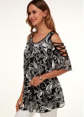 Black tops,Floral tops,ROTITA A Line Cold Shoulder Printed Flare Sleeve T Shirt