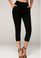 Black bottoms,Plain Color bottoms,ROTITA Side Pocket Elastic Waist Black Crop Pants