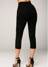 Black bottoms,Plain Color bottoms,ROTITA Side Pocket Elastic Waist Black Crop Pants